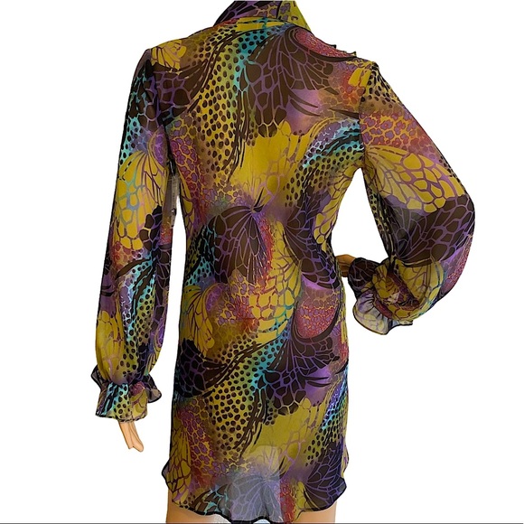 ๐ BISOU BISOU | MARIELLA ANIMALISTIC PRINT SHEER RUFFLE DRESS / BLOUSE SZ S - Picture 2 of 14